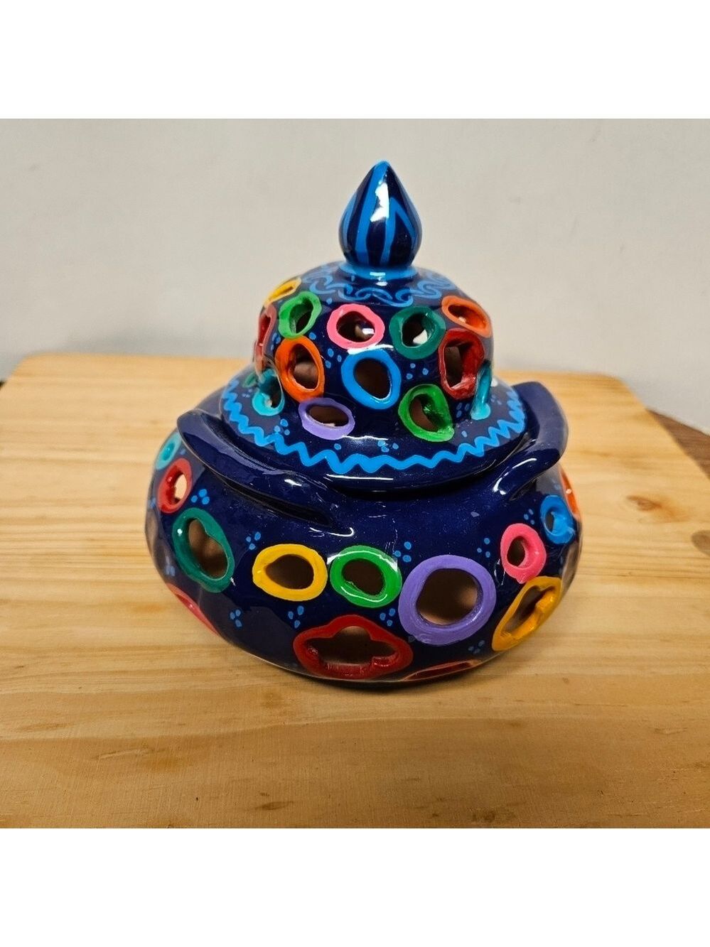 Vintage Mexican Talavera Hand-painted Clay Pottery Tealight Base with Lid